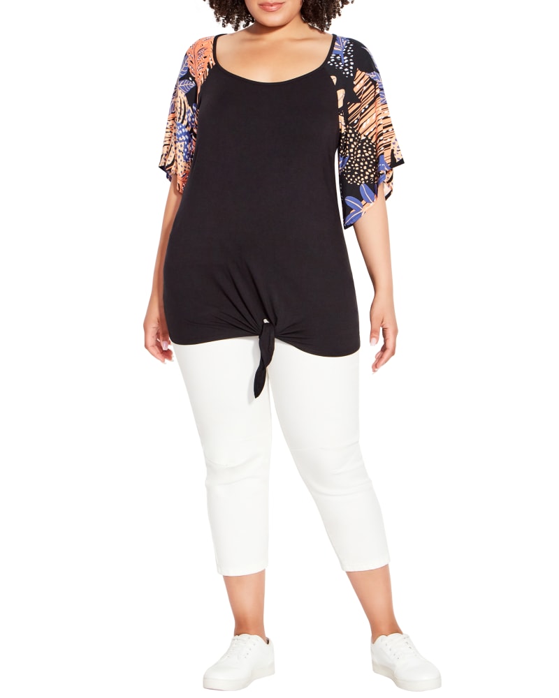 Front of a model wearing a size 14 Gretta Tie Front Top in Black / Pink by Loralette. | dia_product_style_image_id:209884
